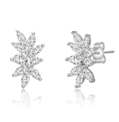 Stella Valentino Sterling Silver White Gold Plated With 1.78 Ctw Lab Created Moissanite Leaf Garden Cluster Stud Earr In Metallic