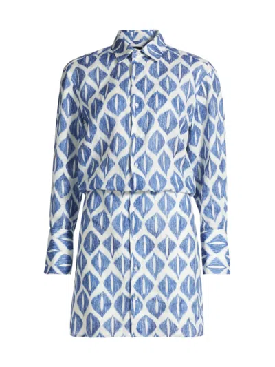 Stellae Dux Women's Ikat-inspired Printed Linen Shirtdress In Blue White