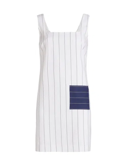 Stellae Dux Women's Pinstripe Cotton-linen Patch Minidress In White Blue