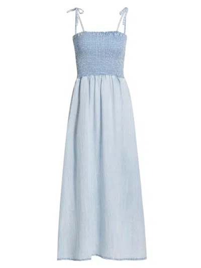 Stellae Dux Women's Smocked Denim Tie-strap Midi Dress In Blue