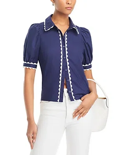 Stellah Button Front Cotton Top In Navy