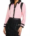 Stellah Colorblock Button Down Blouse In Pink/black In Multi