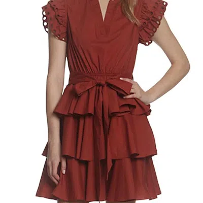 Stellah Eyelet Ruffle Trim Belted Mini Dress In Spice In Red