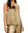Stellah Flower Applique Pleated Halter Top In Gold In Gold