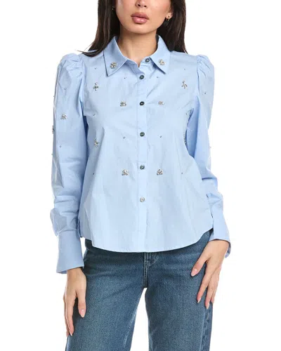 Stellah Helene Jewel Trim Button Down Shirt In Blue