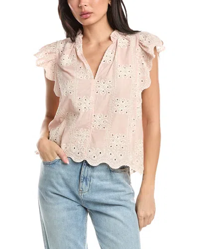 Stellah Lucy Embroidered Split Neck Top In Neutral