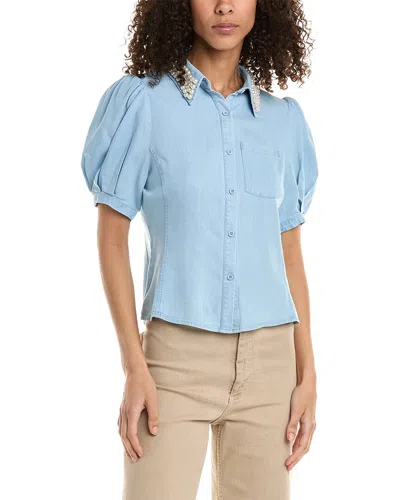 Stellah Pearl Embellished Button-down Top In Blue