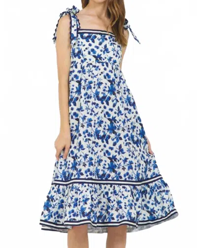 Stellah Tie Shoulder Linen Midi Dress In Blue