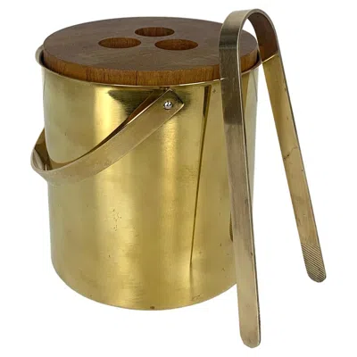 Pre-owned Stelton Brass / Teak Ice Bucket & Ice Tong By Arne Jacobsen For , Brassware 1960s In Brown
