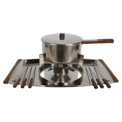 Pre-owned Stelton Peter Holmblad Fondue Set For  Denmark Stainless Steel & Rosewood - Nos In Brown