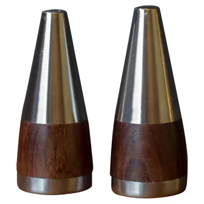 Pre-owned Stelton Vintage Danish Pair Of Rosewood And Stainless Steel Salt And Pepper Shakers In Brown