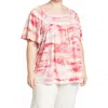 Stem And Vine Printed Lace Square Neck Top In Pink