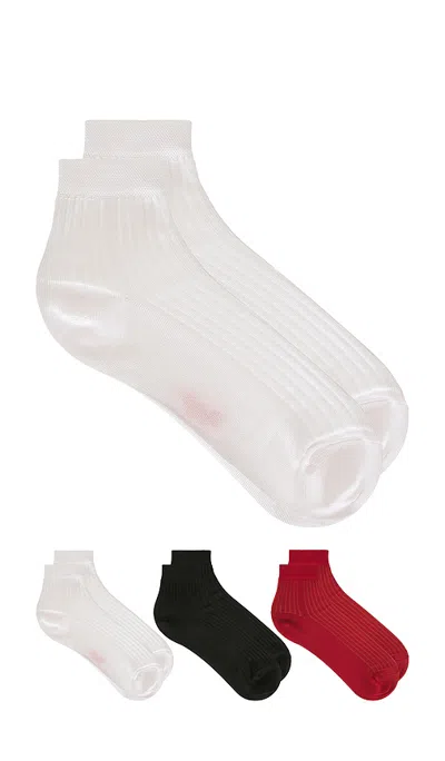 Stems 3 Pack Silky Rib Quarter Socks In White  Black  & Red