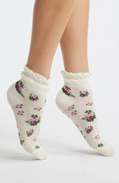 Stems Anna Floral Ruffle Cotton Blend Ankle Socks In White