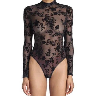 Stems Colette Flocked Floral Sheer Bodysuit In Black