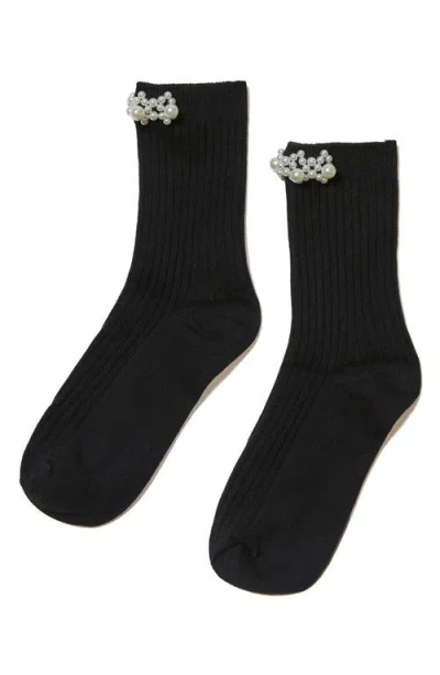 Stems Faux Pearl Cluster Rib Crew Socks In Brown