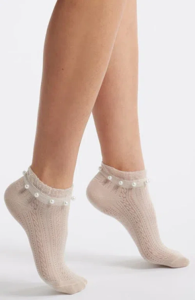 Stems Faux Pearl Pointelle Ankle Socks In Beige