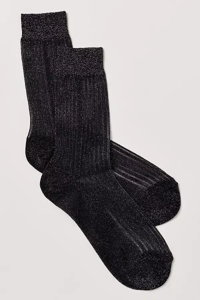 Stems Fine Ribbed Metallic Crew Socks In Black