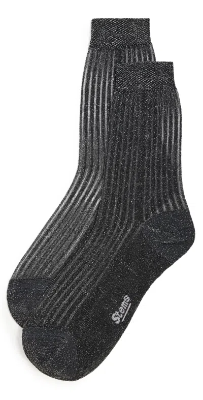 Stems Fine Ribbed Metallic Crew Socks Black