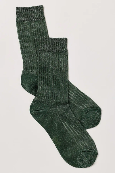Stems Fine Ribbed Metallic Crew Socks In Green
