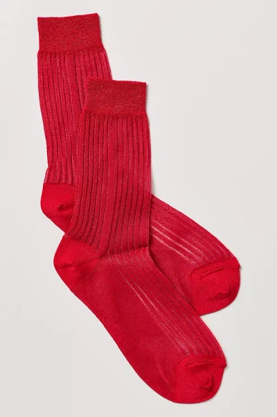 Stems Fine Ribbed Metallic Crew Socks In Red