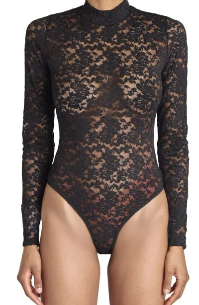 Stems Mock Neck Sheer Lace Bodysuit In Black