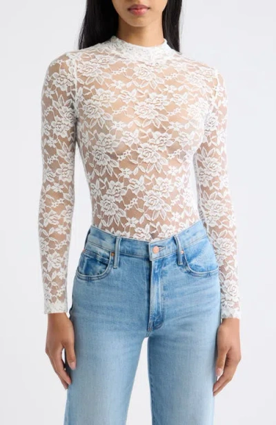 Stems Mock Neck Sheer Lace Bodysuit In White