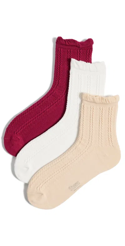 Stems Pointelle Crew Socks 3 Pack Beige/violet/white