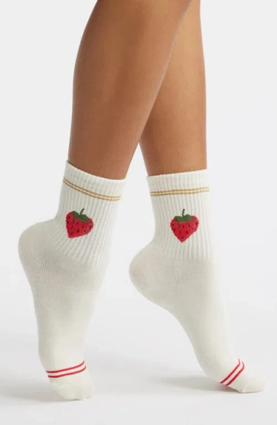 Stems Strawberry Metallic Stripe Grippy Crew Socks In White