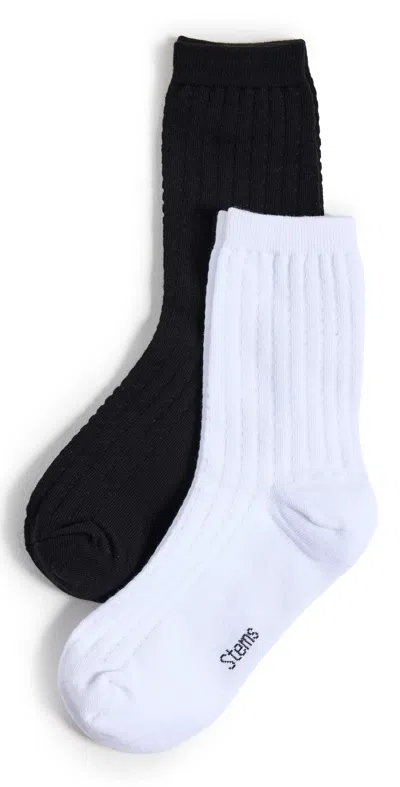 Stems Waffle Knit Socks 2 Pack Black/ivory