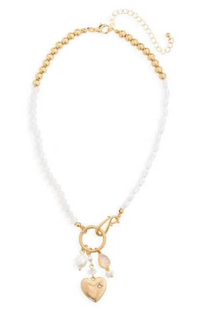 Stephan & Co. Imitation Pearl Crystal Heart Pendant Necklace In Gold