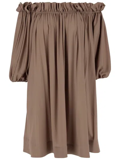 Stephan Janson Long Puffed Sleeves Off-shoulder Short Dress In Brown
