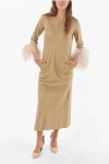 Stephan Janson Silk Maxi Dress With Feathers On Bottom Sleeves