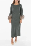Stephan Janson Silk Maxi Dress With Feathers On Bottom Sleeves