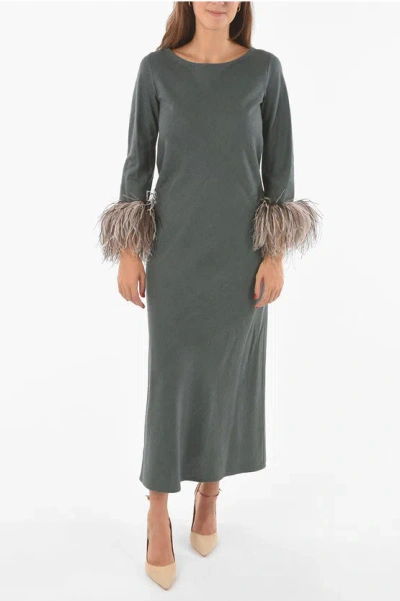 Stephan Janson Silk Maxi Dress With Feathers On Bottom Sleeves In Gray
