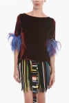 Stephan Janson Velour T-shirt With 3/4 Sleeves And Feathers Detail