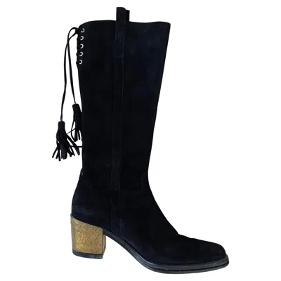 Pre-owned Stephane Kélian Stephanie Keller Boots Black Suede Tassel Heel 80s