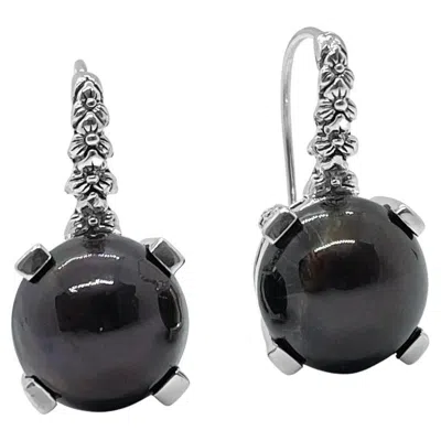 Pre-owned Stephen Dweck 12mm Black Mabe Earring In Engraved Sterling Silver