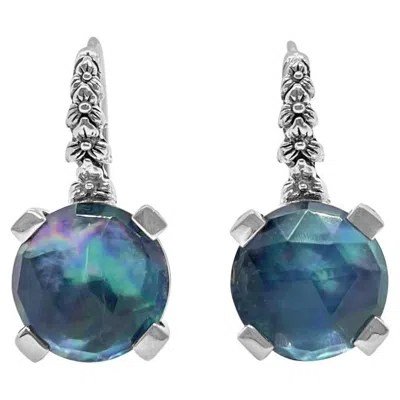 Pre-owned Stephen Dweck 12mm Round Faceted Mother Of Pearl & Hematite Hook Earring With Sterling Silver In Multi