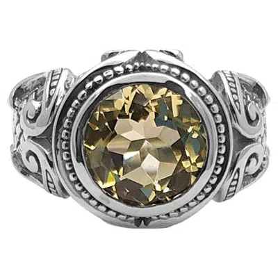Pre-owned Stephen Dweck 12mm Round Yellow Quartz Gemstone Ring In Sterling Silver