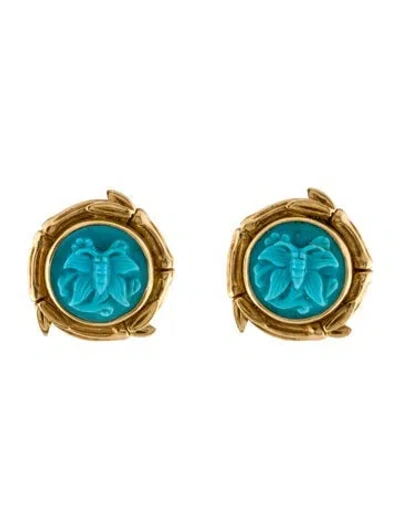 Pre-owned Stephen Dweck 18k Turquoise Carved Clip-on Earrings In Blue