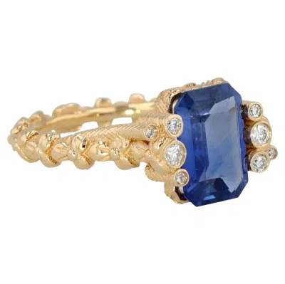 Pre-owned Stephen Dweck 18k Yg Ring By  With An Emerald Cut Ceylon Sapphire And Diamonds. In Green