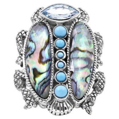 Pre-owned Stephen Dweck Abalone & Turquoise Scarab Sterling Silver Ring In Multi