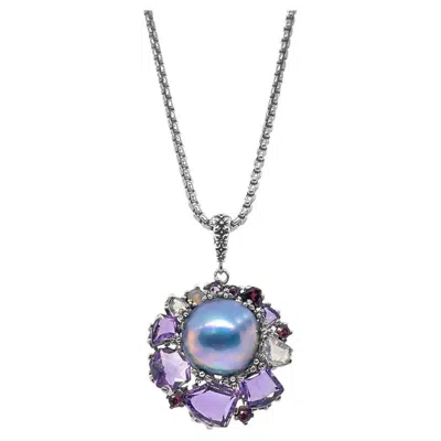 Pre-owned Stephen Dweck Amethyst Rhodolite Garnet Tourmaline Quartz Pearl Pendant In Sterling Silver In Purple