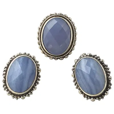 Pre-owned Stephen Dweck Blue Chalcedony Sterling Silver Earrings With Blue Agate Ring Set