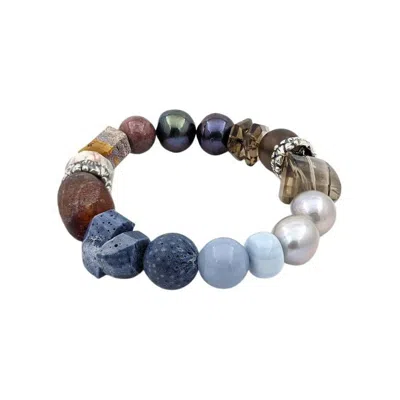 Pre-owned Stephen Dweck Blue Coral, Opal, Pearl, Smoky Topaz, Ocean Jasper Bracelet In Sterling Silver