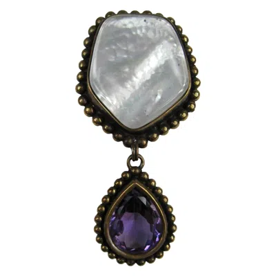 Pre-owned Stephen Dweck Bronze Amethyst & Mother Of Pearl Brooch Pin New, Never Worn 1980s In Purple