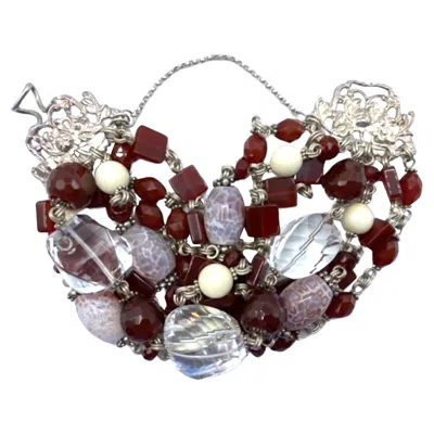 Pre-owned Stephen Dweck Carnelian, Rock Crystal, Obsidean & Sterling 6 Strand Bracelet In Multi