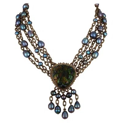 Pre-owned Stephen Dweck Carved Crystal Quartz & Pearl Multi-strand Brass Necklace