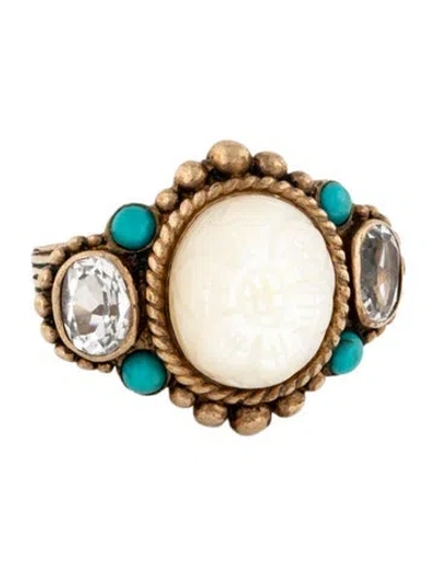 Pre-owned Stephen Dweck Carved Mother Of Pearl & Stone Cocktail Ring In Blue/clear/white